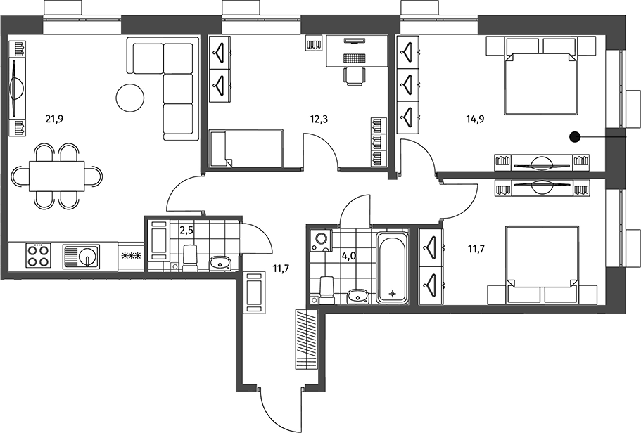 Планировка евро-4 (4Е) 77.9 м² в ЖК «Парусная 1», корпус 4.2