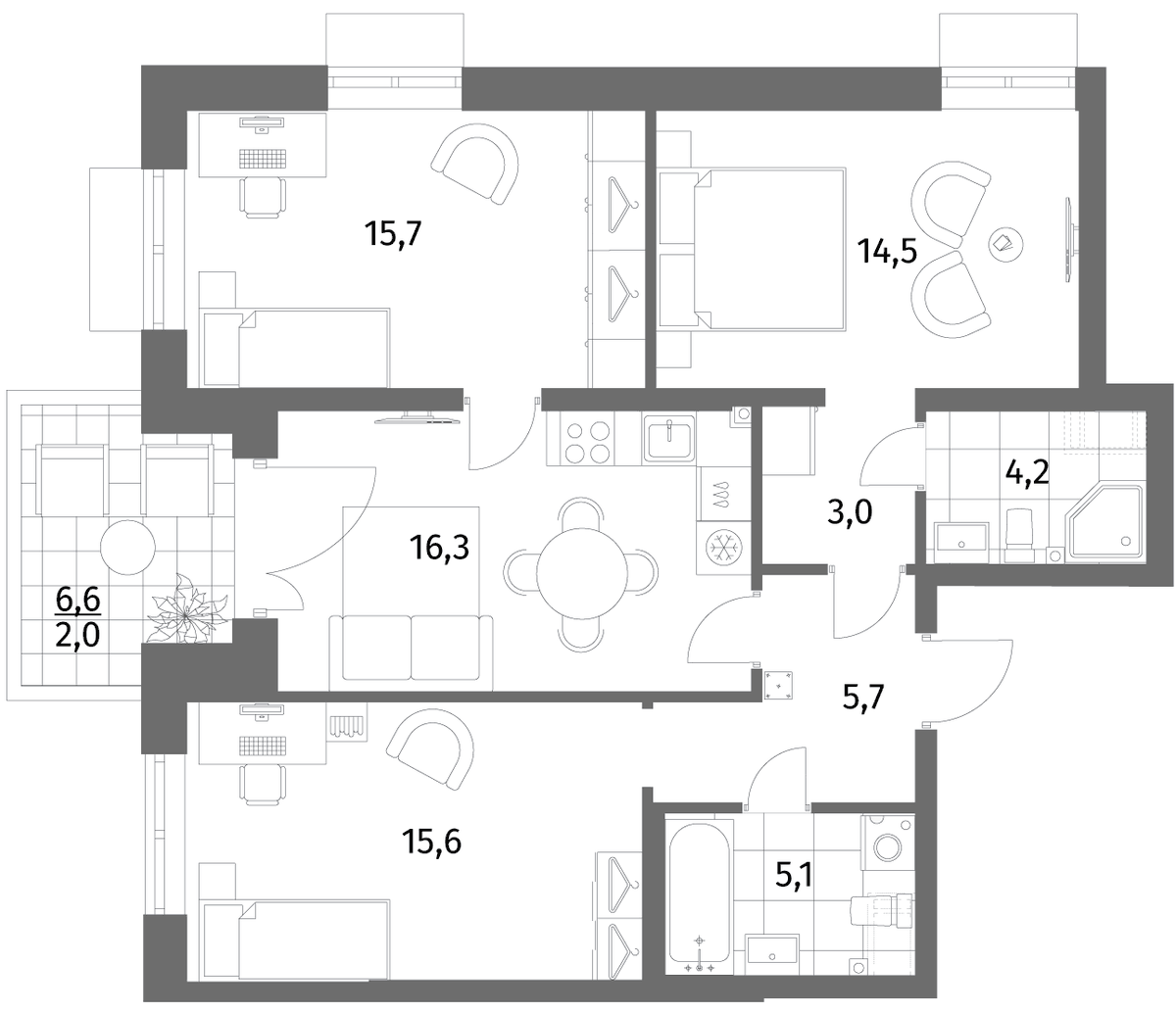 Планировка евро-4 (4Е) 82.1 м² в ЖК «Парусная 1», корпус 2.1