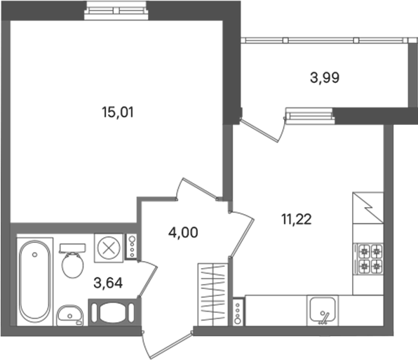 Планировка однокомнатная 35.87 м² в ЖК «ПАТИО. Уютный квартал», корпус 2
