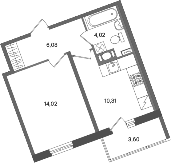 Планировка однокомнатная 36.23 м² в ЖК «ПАТИО. Уютный квартал», корпус 2