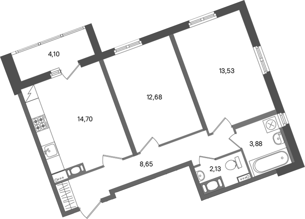 Планировка евротрёшка (3Е) 57.62 м² в ЖК «ПАТИО. Уютный квартал», корпус 2
