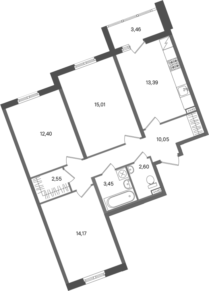 Планировка трёхкомнатная 75.35 м² в ЖК «ПАТИО. Уютный квартал», корпус 2