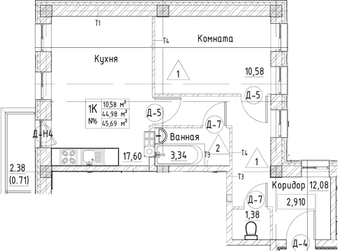 Планировка однокомнатная 45.69 м² в ЖК «Патриот», корпус 1