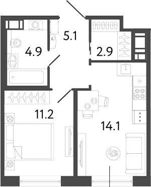 Планировка однокомнатная 38.2 м² в ЖК «Передвижники 2», корпус 1