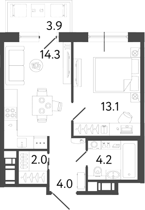 Планировка однокомнатная 38.77 м² в ЖК «Передвижники 2», корпус 1