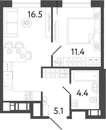 Планировка евродвушка (2Е) 37.4 м² в ЖК «Передвижники 2», корпус 1