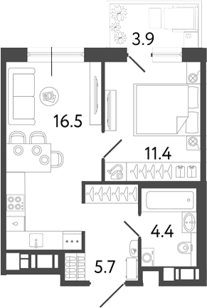 Планировка евродвушка (2Е) 39.17 м² в ЖК «Передвижники 2», корпус 1