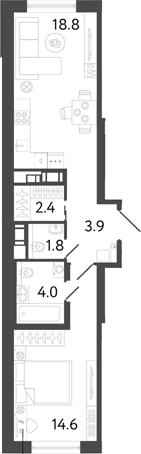 Планировка евродвушка (2Е) 45.5 м² в ЖК «Передвижники 2», корпус 1