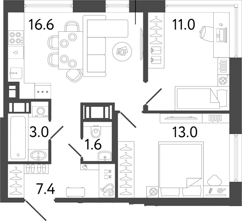Планировка евротрёшка (3Е) 52.6 м² в ЖК «Передвижники 2», корпус 1