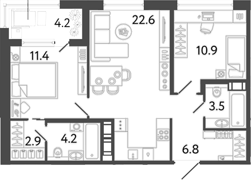 Планировка евротрёшка (3Е) 64.4 м² в ЖК «Передвижники 2», корпус 1