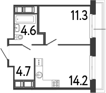 Планировка однокомнатная 34.8 м² в ЖК «Передвижники», корпус 1