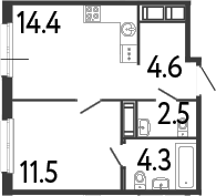 Планировка однокомнатная 37.3 м² в ЖК «Передвижники», корпус 1
