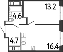 Планировка евродвушка (2Е) 38.9 м² в ЖК «Передвижники», корпус 1