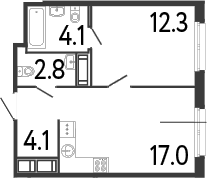 Планировка евродвушка (2Е) 40.3 м² в ЖК «Передвижники», корпус 1