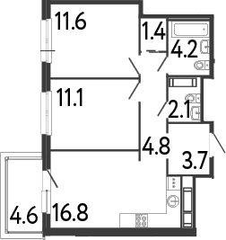 Планировка евротрёшка (3Е) 57.08 м² в ЖК «Передвижники», корпус 1