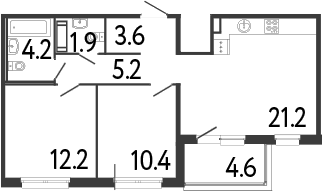 Планировка евротрёшка (3Е) 61 м² в ЖК «Передвижники», корпус 1