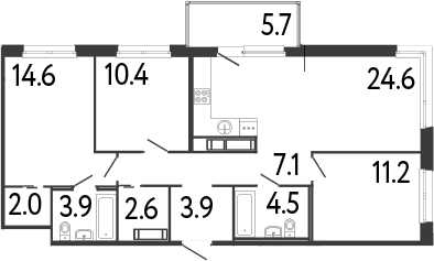 Планировка евро-4 (4Е) 87.65 м² в ЖК «Передвижники», корпус 1