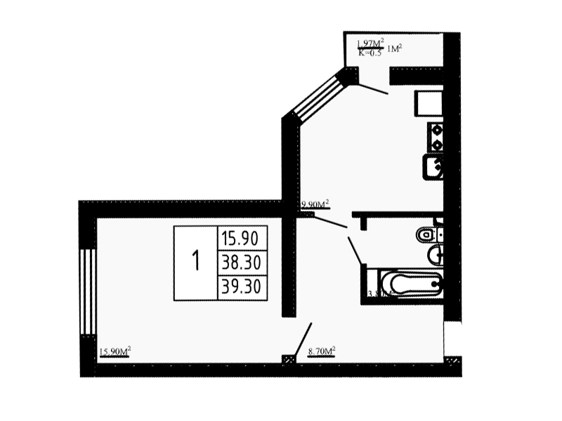 Планировка однокомнатная 39.3 м² в ЖК «Перспектива», корпус 1