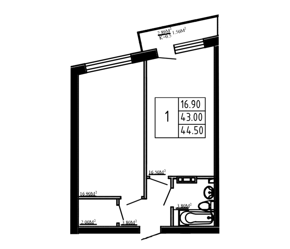 Планировка однокомнатная 44.5 м² в ЖК «Перспектива», корпус 1