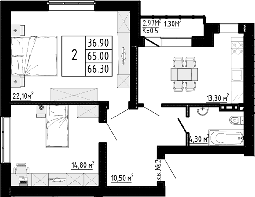 Планировка двухкомнатная 66.3 м² в ЖК «Перспектива», корпус 2