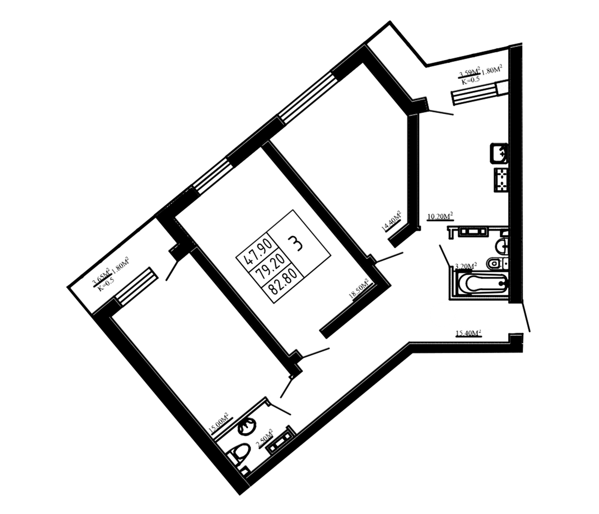 Планировка трёхкомнатная 82.8 м² в ЖК «Перспектива», корпус 1