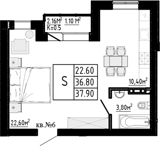Планировка Студии 37.9 м² в ЖК «Перспектива», корпус 2