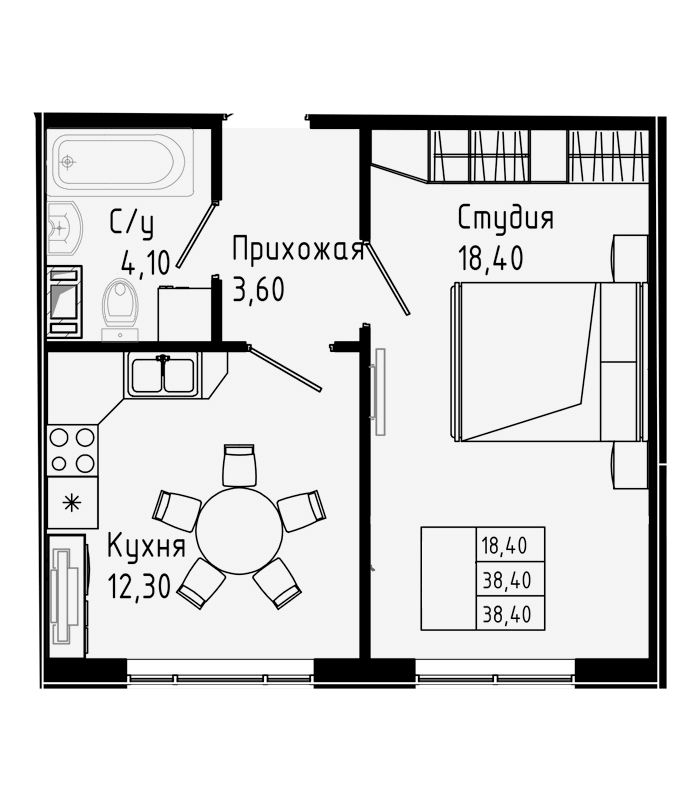 Планировка однокомнатная 38.4 м² в ЖК «PIXEL», корпус 2