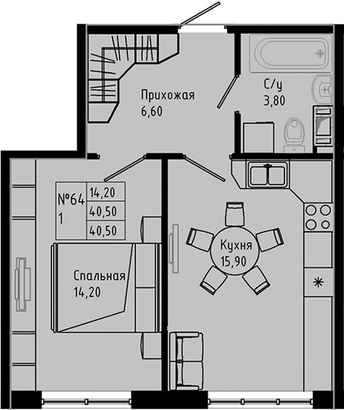 Планировка евродвушка (2Е) 40.5 м² в ЖК «PIXEL», корпус 1