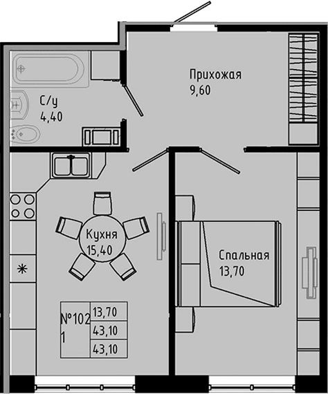 Планировка евродвушка (2Е) 43.1 м² в ЖК «PIXEL», корпус 1