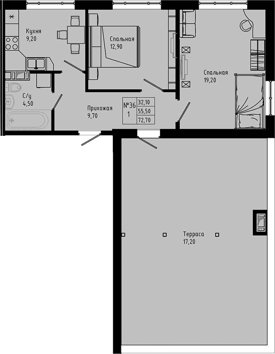 Планировка двухкомнатная 72.7 м² в ЖК «PIXEL», корпус 1