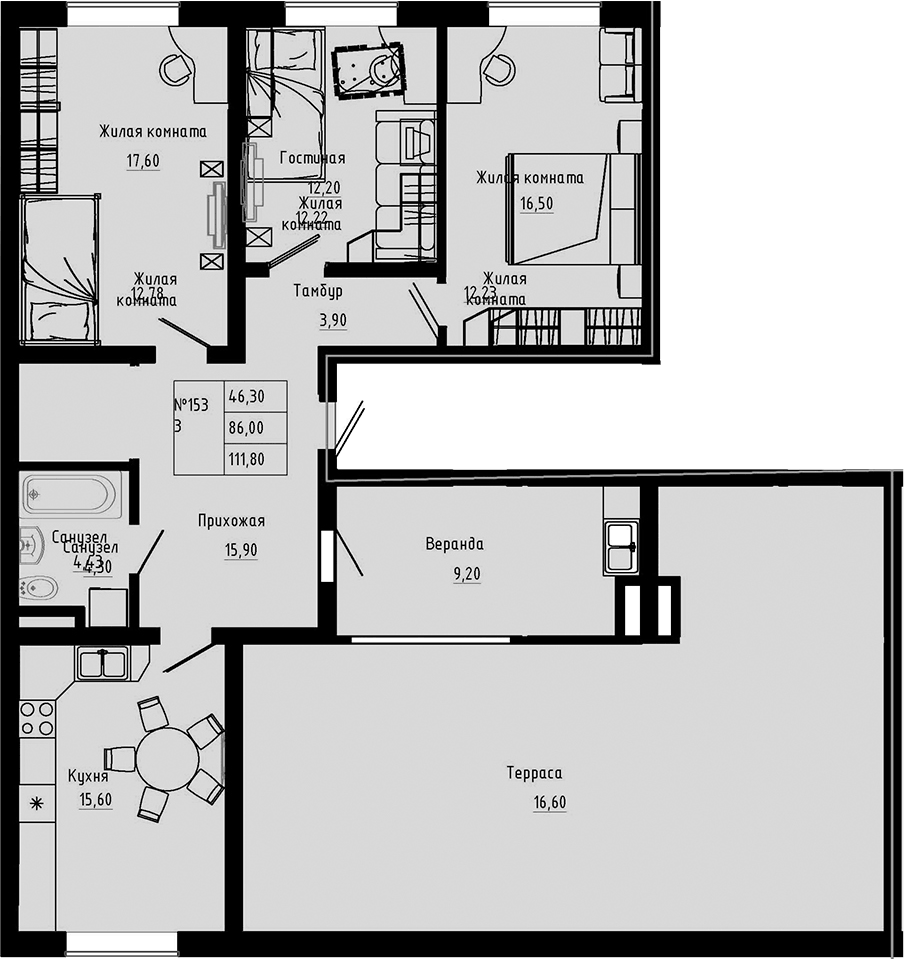 Планировка трёхкомнатная 111.8 м² в ЖК «PIXEL», корпус 1