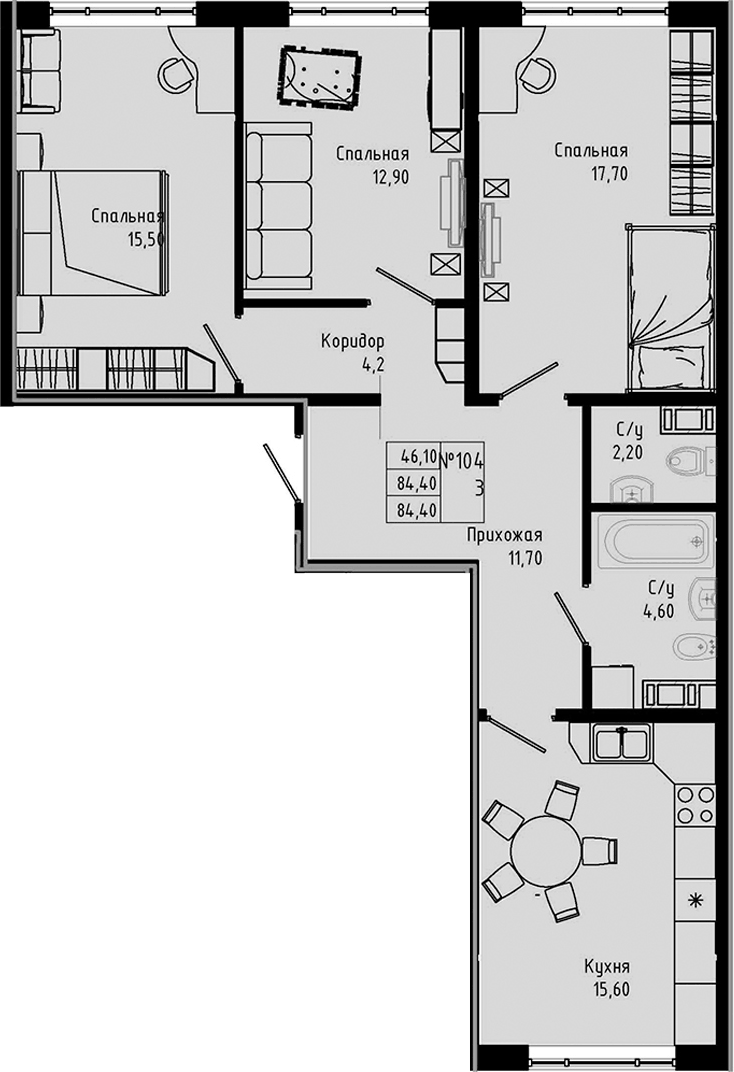 Планировка евро-4 (4Е) 84.4 м² в ЖК «PIXEL», корпус 1
