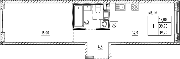 Планировка однокомнатная 39.7 м² в ЖК «Плюс Пулковский», корпус 11
