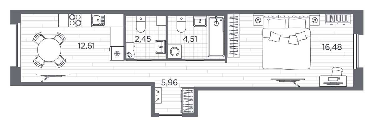 Планировка однокомнатная 43.3 м² в ЖК «Плюс Пулковский», корпус 8