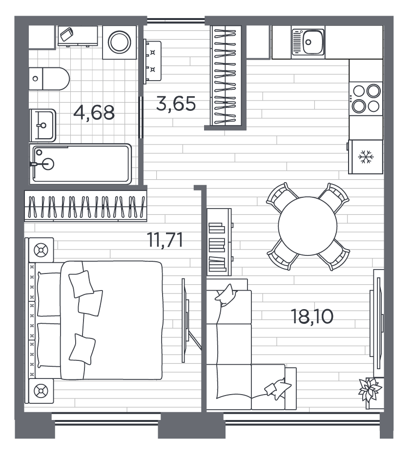 Планировка евродвушка (2Е) 39.4 м² в ЖК «Плюс Пулковский», корпус 8