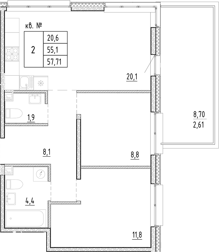 Планировка евротрёшка (3Е) 57.71 м² в ЖК «Плюс Пулковский», корпус 13