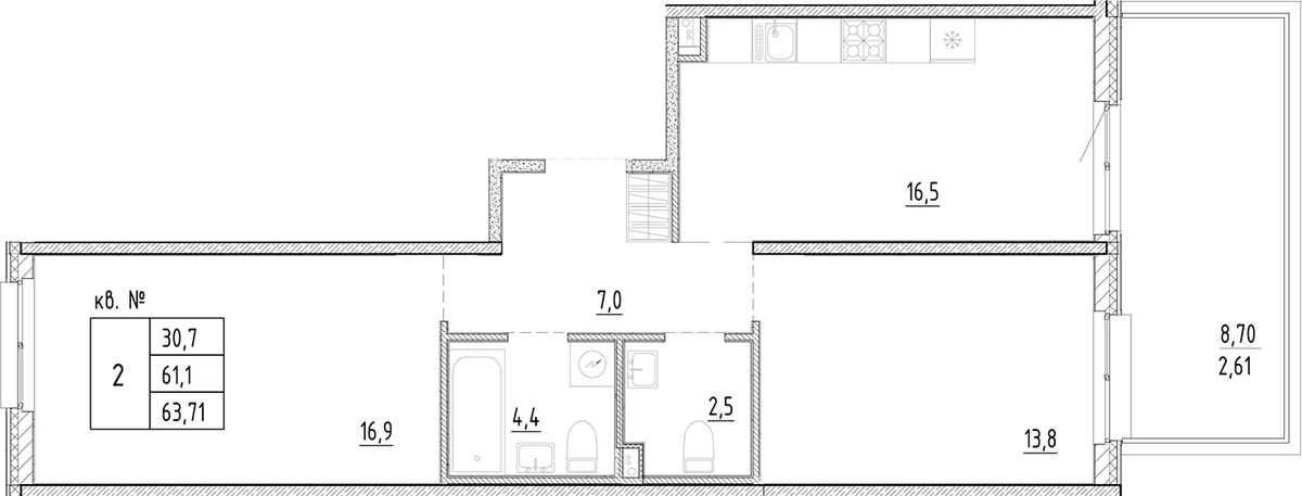 Планировка евротрёшка (3Е) 63.71 м² в ЖК «Плюс Пулковский», корпус 13