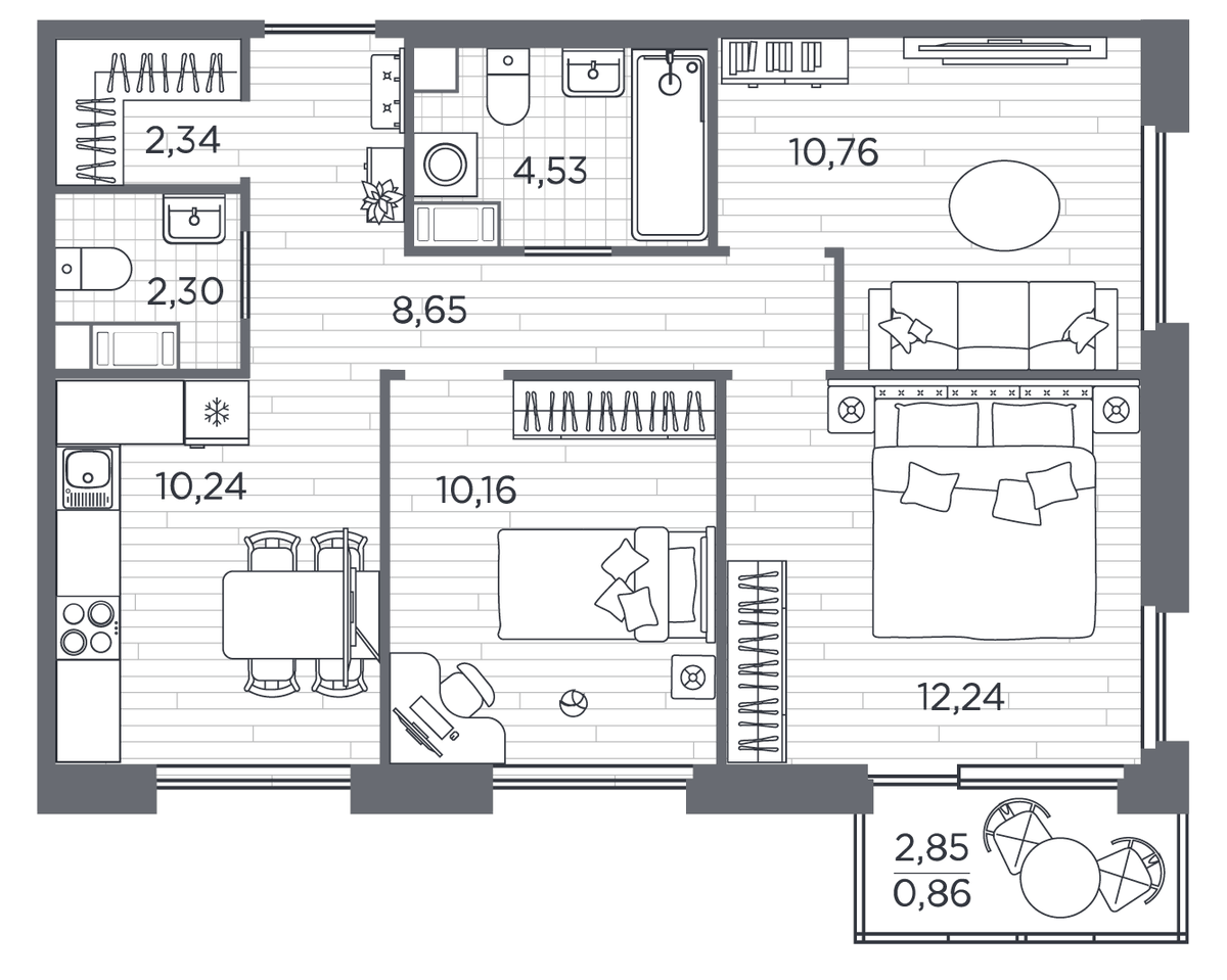 Планировка трёхкомнатная 63.1 м² в ЖК «Плюс Пулковский», корпус 8