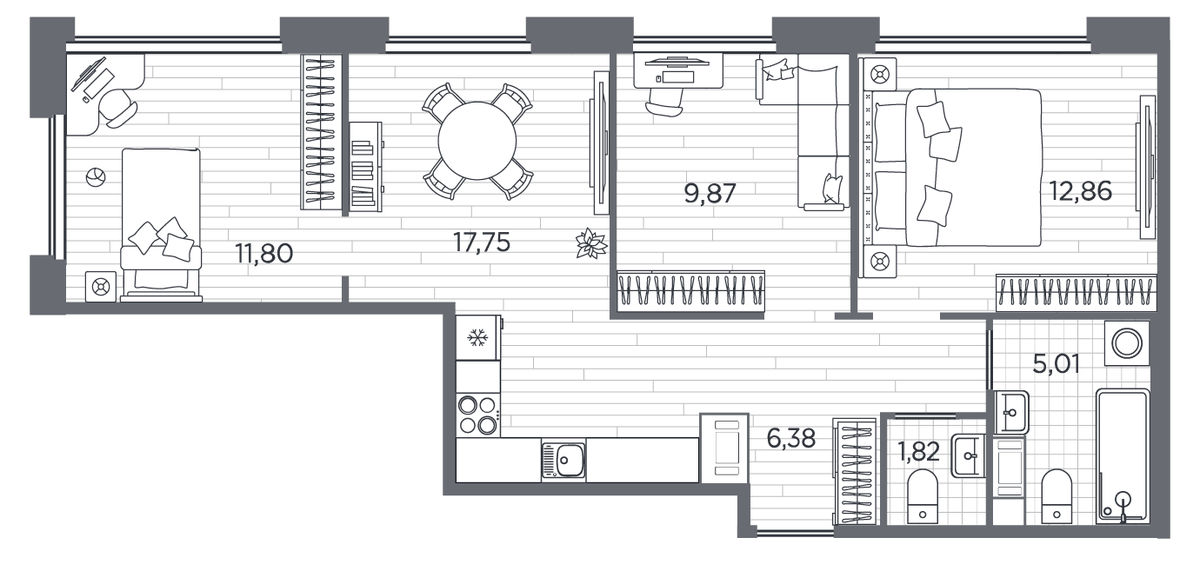 Планировка евро-4 (4Е) 66.6 м² в ЖК «Плюс Пулковский», корпус 8