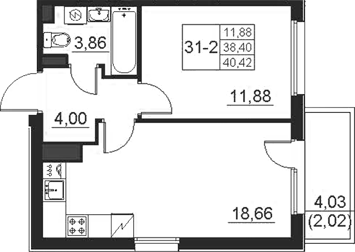 Планировка евродвушка (2Е) 40.42 м² в ЖК «Поинт Токсово», корпус 2