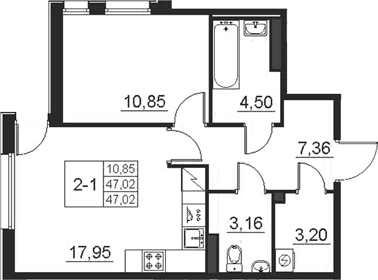Планировка евродвушка (2Е) 47.02 м² в ЖК «Поинт Токсово», корпус 1