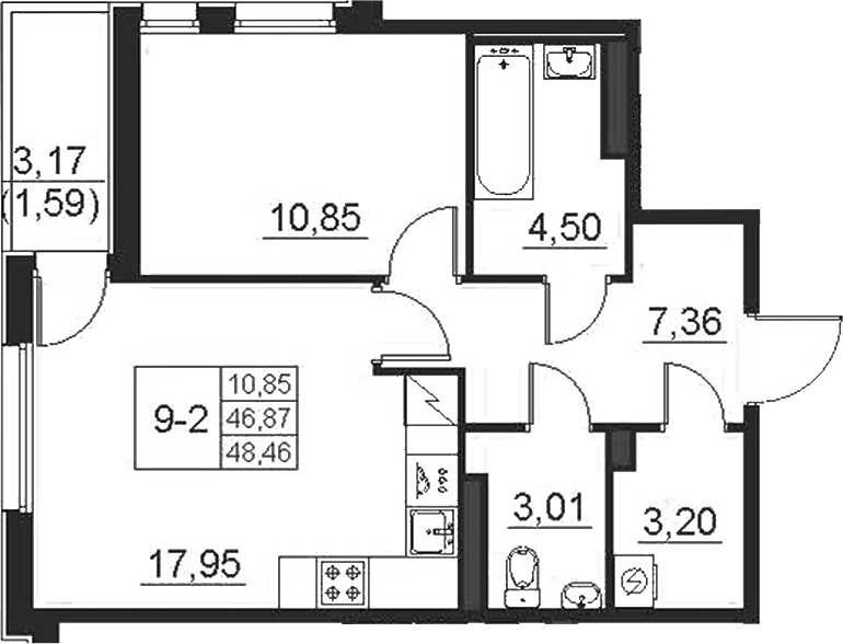 Планировка евродвушка (2Е) 48.46 м² в ЖК «Поинт Токсово», корпус 2