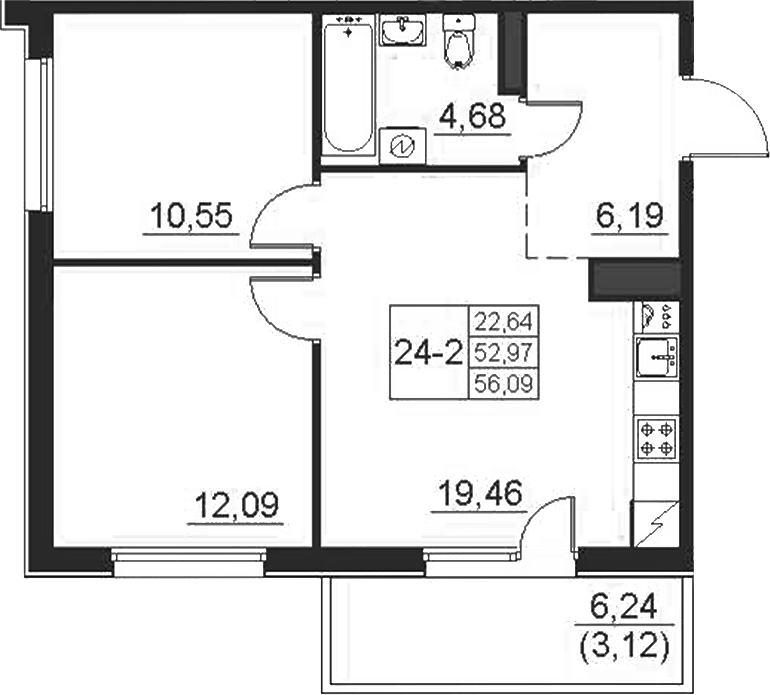 Планировка двухкомнатная 56.09 м² в ЖК «Поинт Токсово», корпус 2