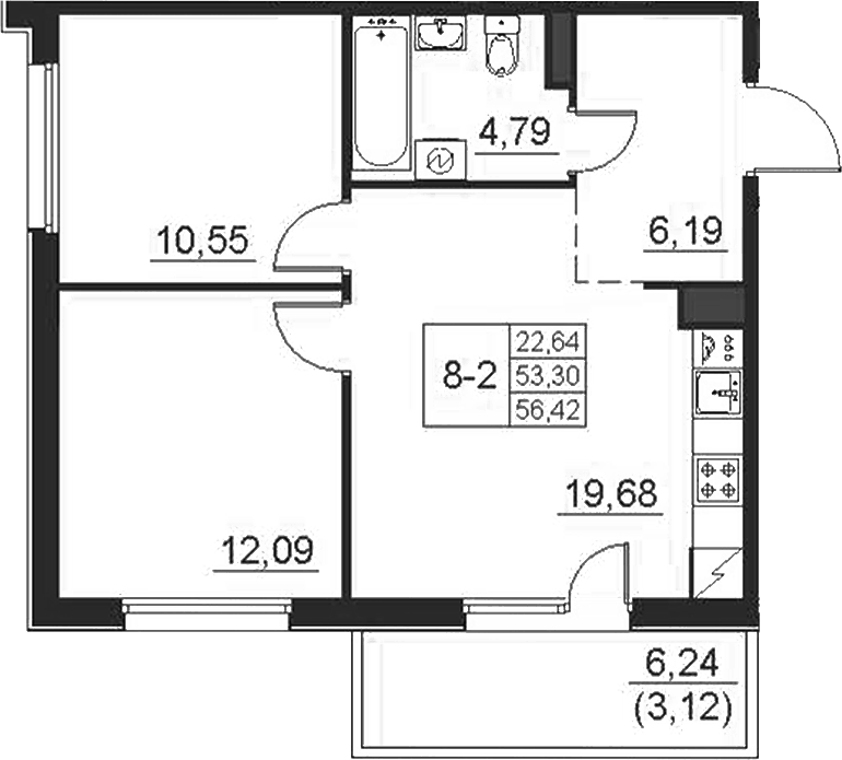 Планировка евротрёшка (3Е) 56.42 м² в ЖК «Поинт Токсово», корпус 2