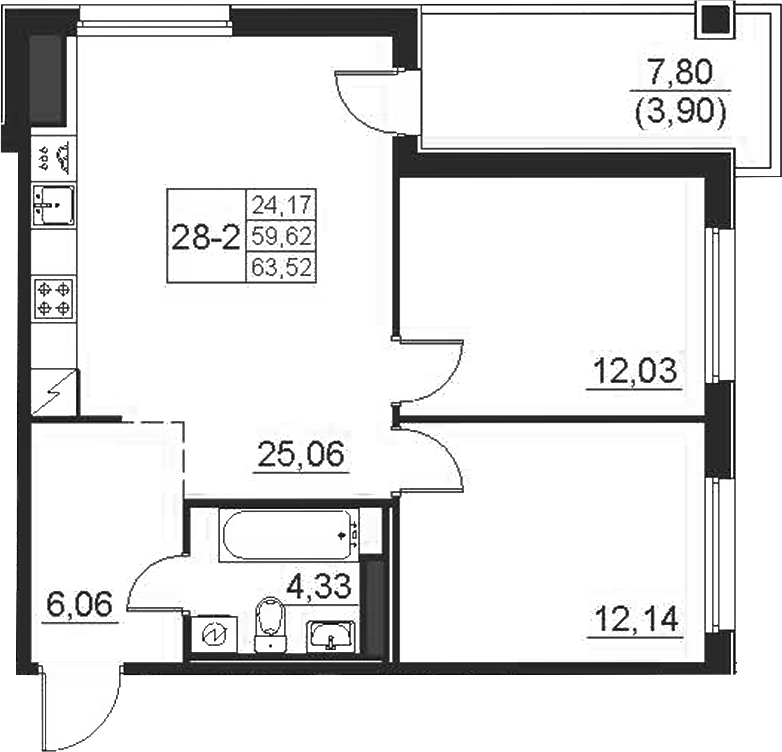 Планировка евротрёшка (3Е) 63.52 м² в ЖК «Поинт Токсово», корпус 2