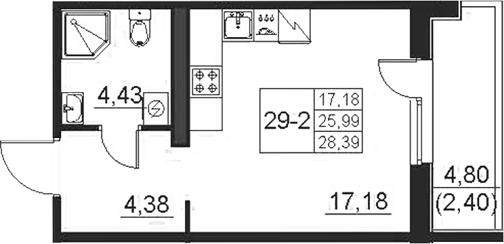 Планировка Студии 28.39 м² в ЖК «Поинт Токсово», корпус 2
