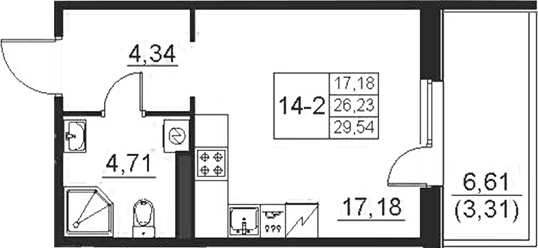 Планировка Студии 29.54 м² в ЖК «Поинт Токсово», корпус 2
