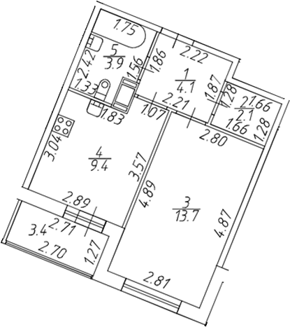 Планировка однокомнатная 34.9 м² в ЖК «Полис ЛАВрики», корпус 2