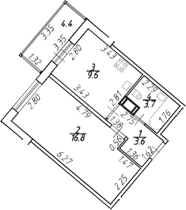 Планировка однокомнатная 35.02 м² в ЖК «Полис ЛАВрики», корпус 1