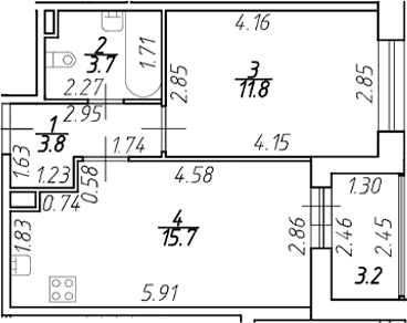 Планировка евродвушка (2Е) 36.6 м² в ЖК «Полис ЛАВрики», корпус 1